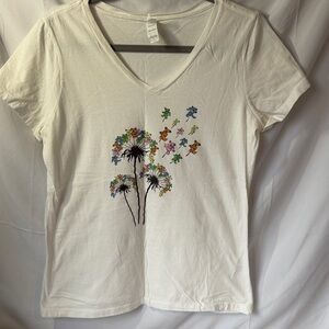 District White V-Neck Tee with Black Dandelion Stems and Multicolor Seeds